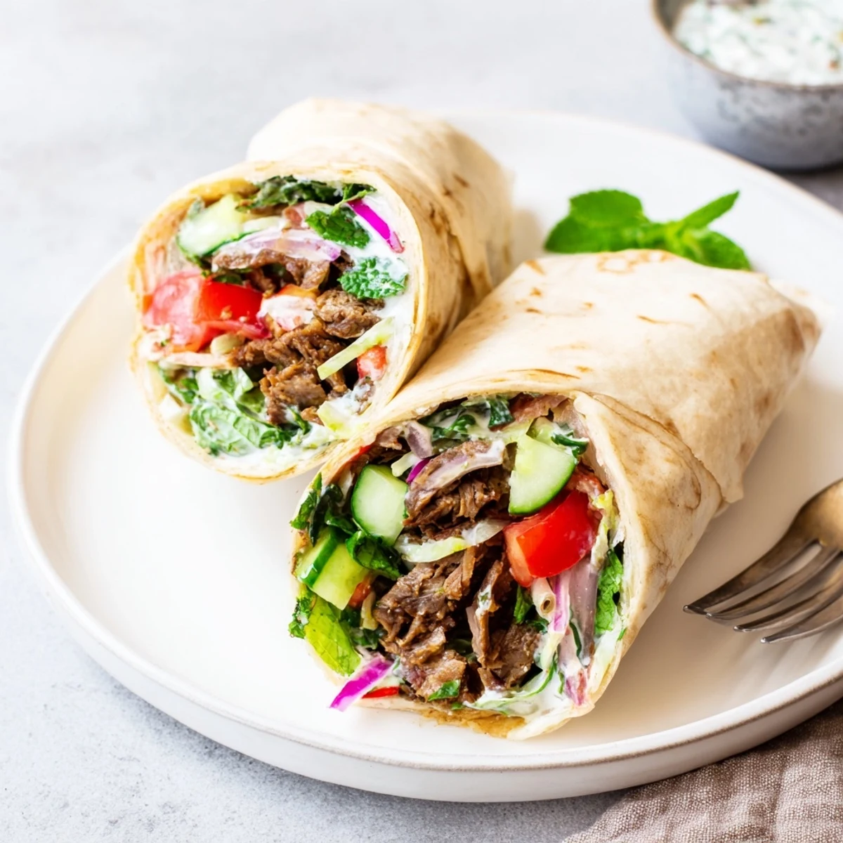 Savory beef shawarma wrapped in warm flatbread, topped with tangy yogurt sauce.  