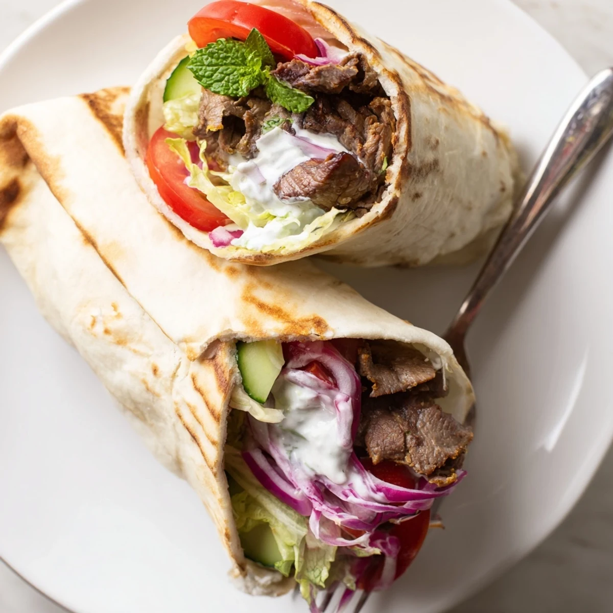 Delicious beef shawarma wraps showcasing vibrant toppings and creamy yogurt drizzle.