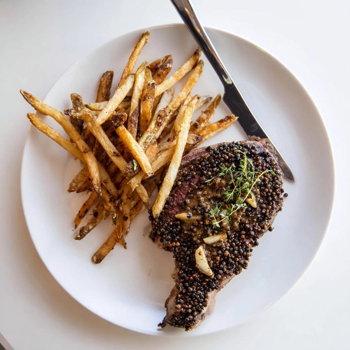 Tender classic peppercorn ribeye cooked to perfection, garnished with rich sauce and fries.