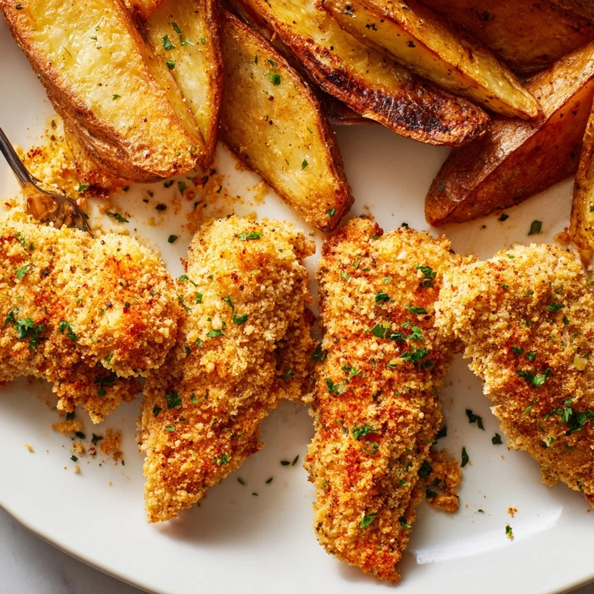 Juicy herbed chicken tenders served alongside crispy golden potato wedges, perfect for dinner.  