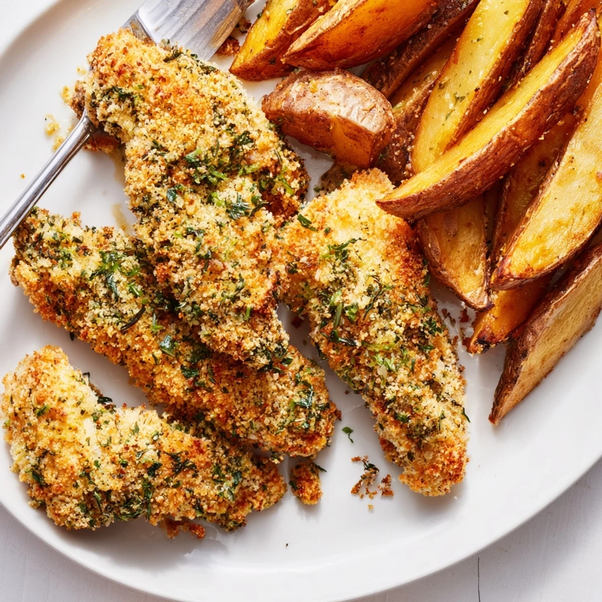 Crispy herbed chicken tenders with aromatic potato wedges, a delightful family meal option.  