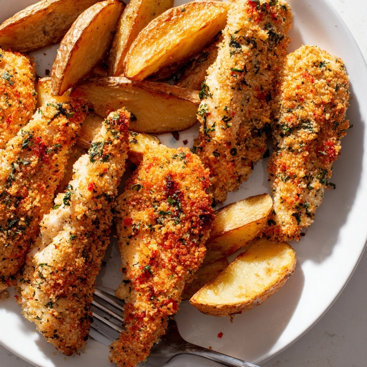 Flavorful herbed chicken tenders accompanied by crunchy potato wedges, garnished with parsley.