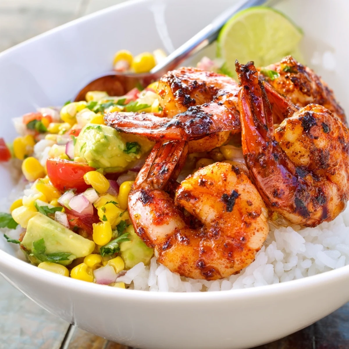 A vibrant easy grilled shrimp bowl with colorful vegetables and fluffy rice.