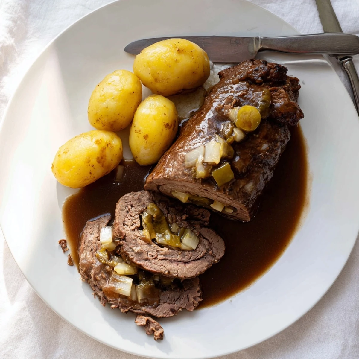 Tender beef rouladen filled with bacon and pickles beside creamy potato dumplings.  