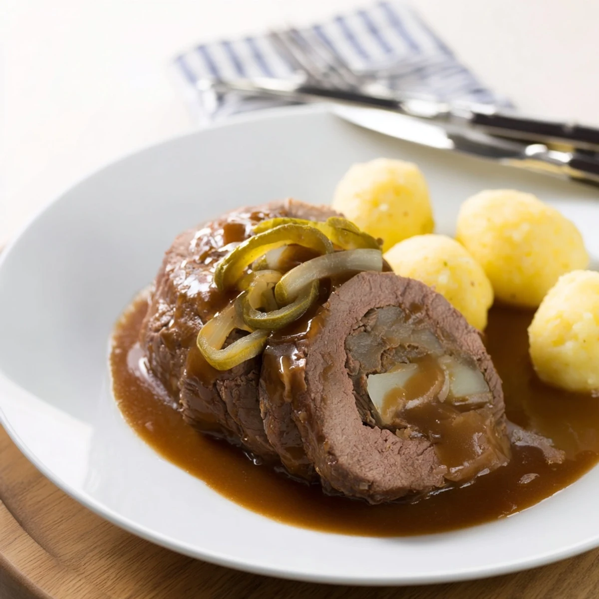 Savory beef rouladen braised to perfection, served with fluffy potato dumplings.  