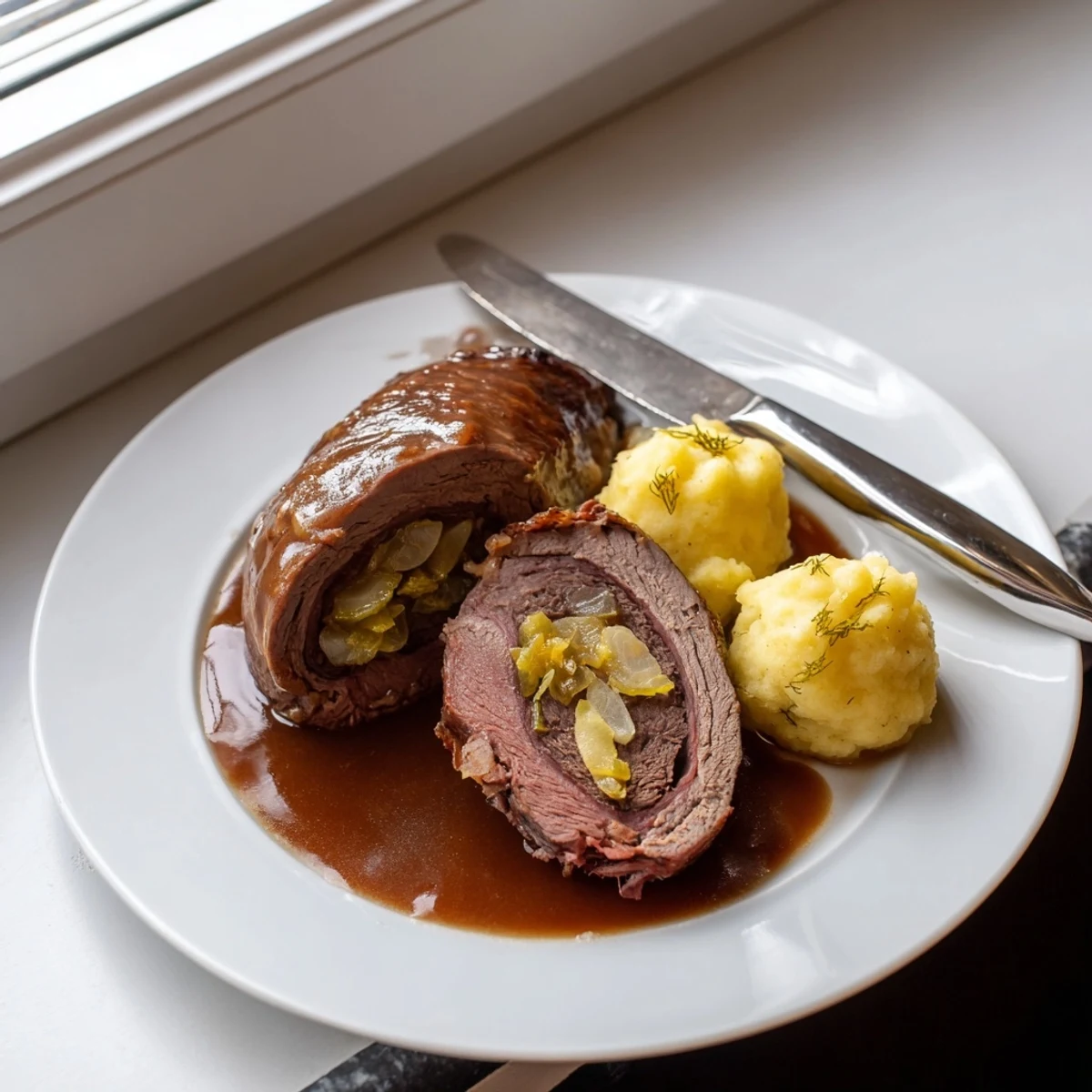 Melt-in-your-mouth beef rouladen with rich gravy and delicious potato dumplings.