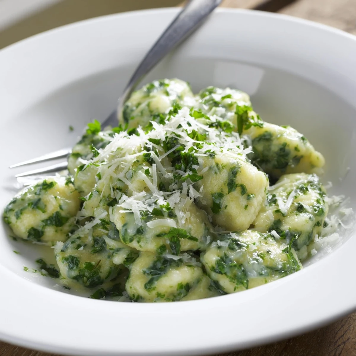 Vibrant green spinach spaetzle tossed in aromatic garlic butter, perfect for dinner.  