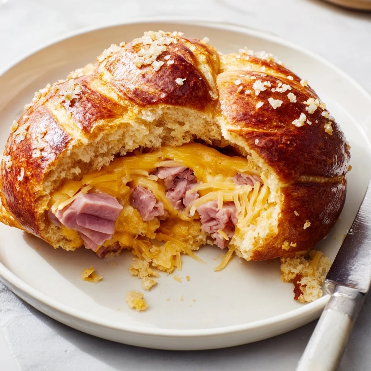 Freshly baked pretzel rolls with savory ham, melted cheese, and coarse salt topping.  