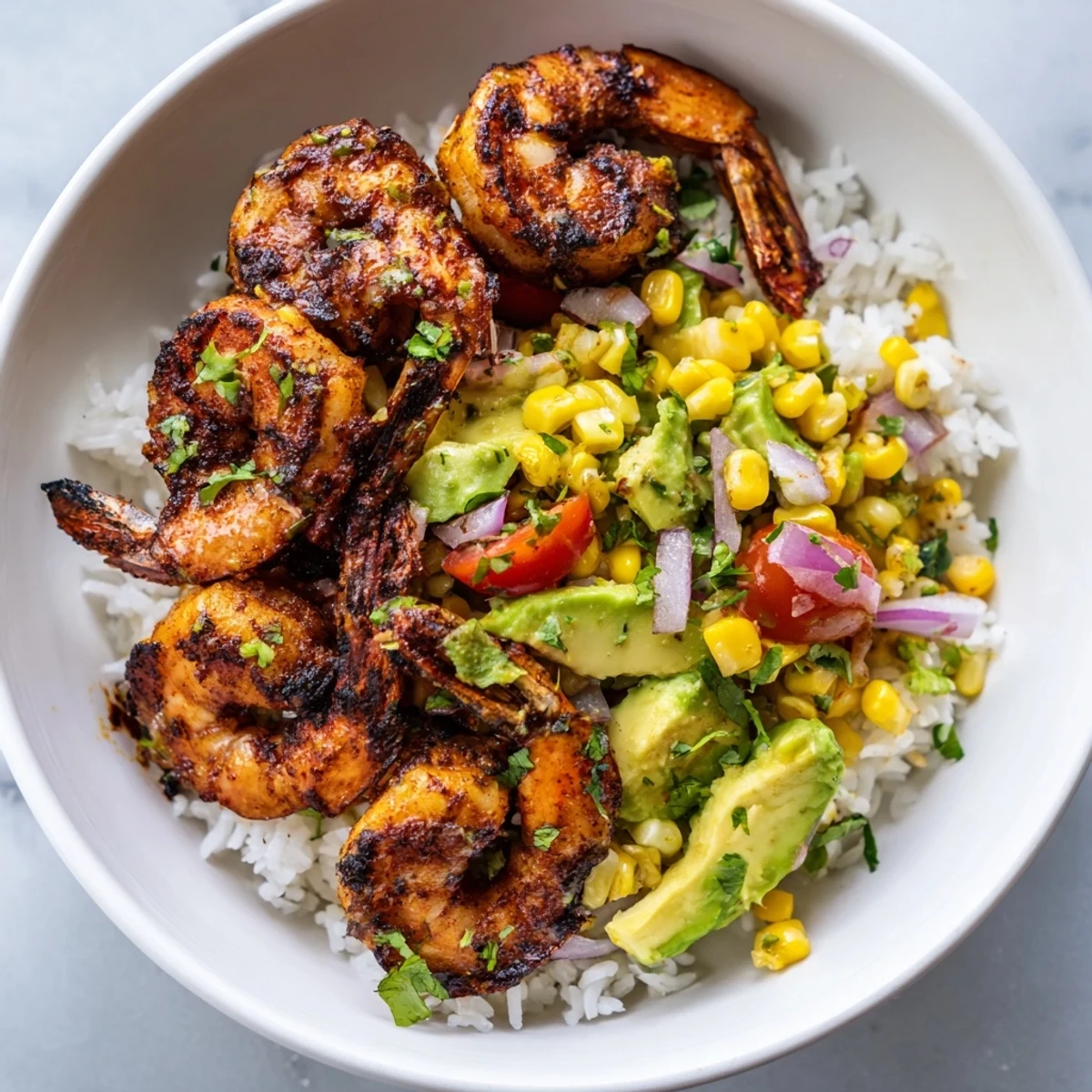 Grilled shrimp bowls with avocado corn salsa, a colorful and healthy summer meal.