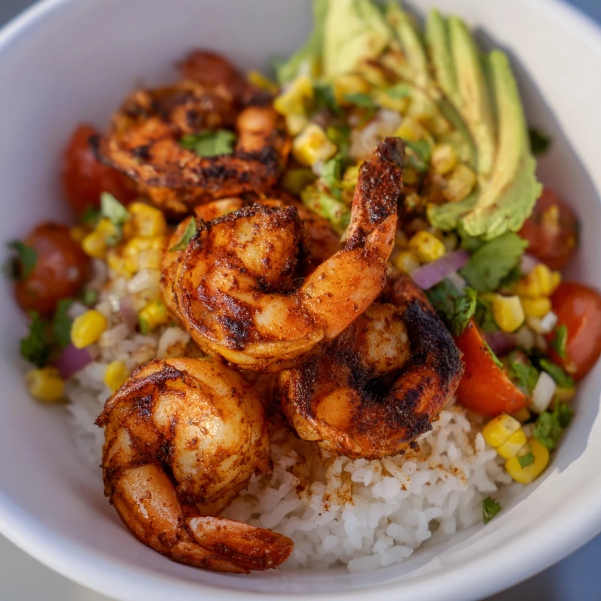 Easy Grilled Shrimp Bowl: juicy grilled shrimp resting on rice, topped with a fresh salsa.