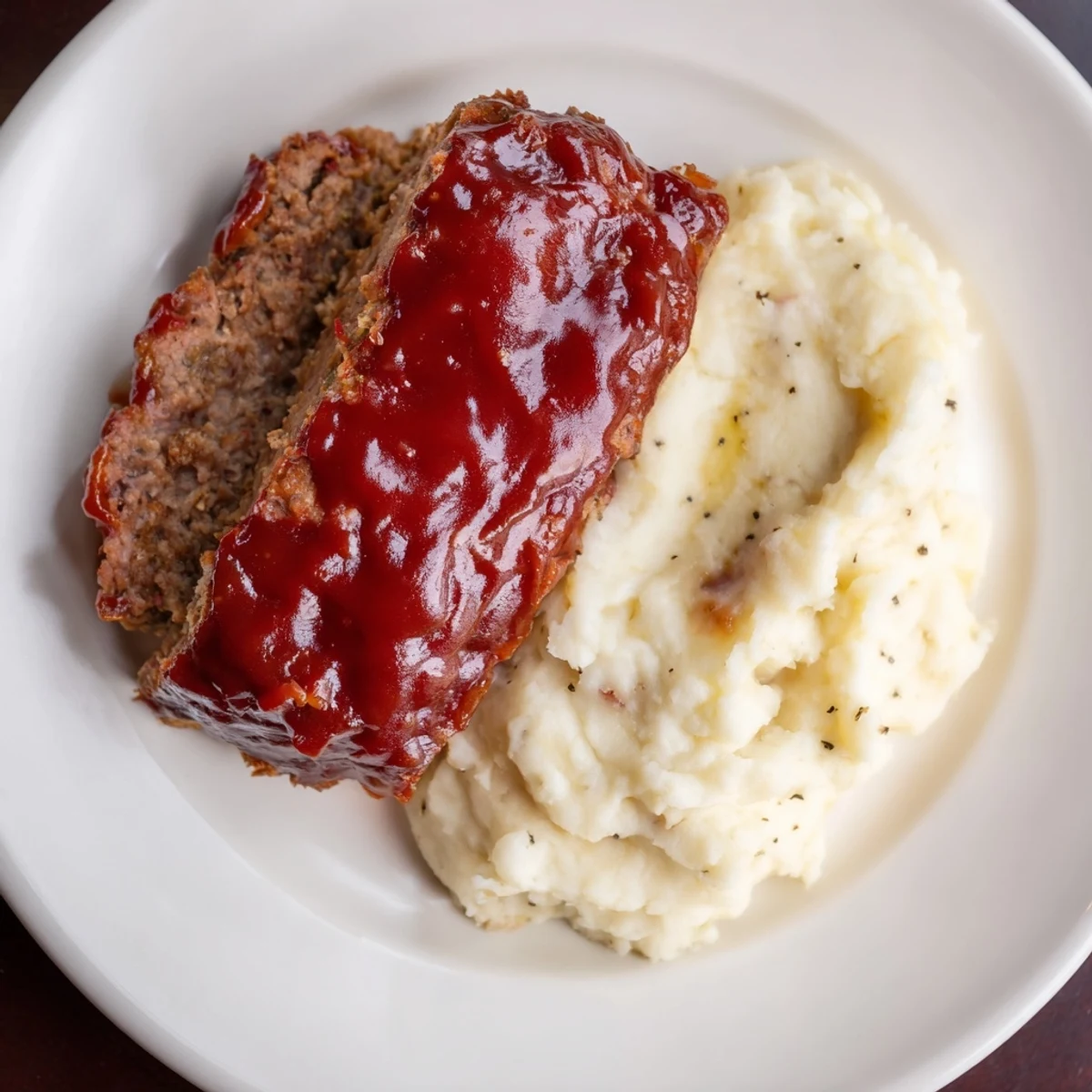 This image displays a delicious classic meatloaf & mashed potatoes dinner, ready to eat and enjoy.