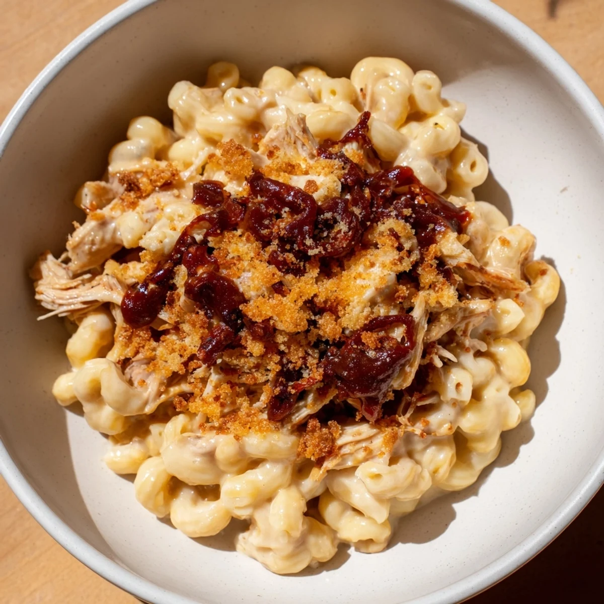 Warm and flavorful Classic Mac & Cheese with BBQ Chicken; enjoy a bubbly, cheesy, and tender meal.