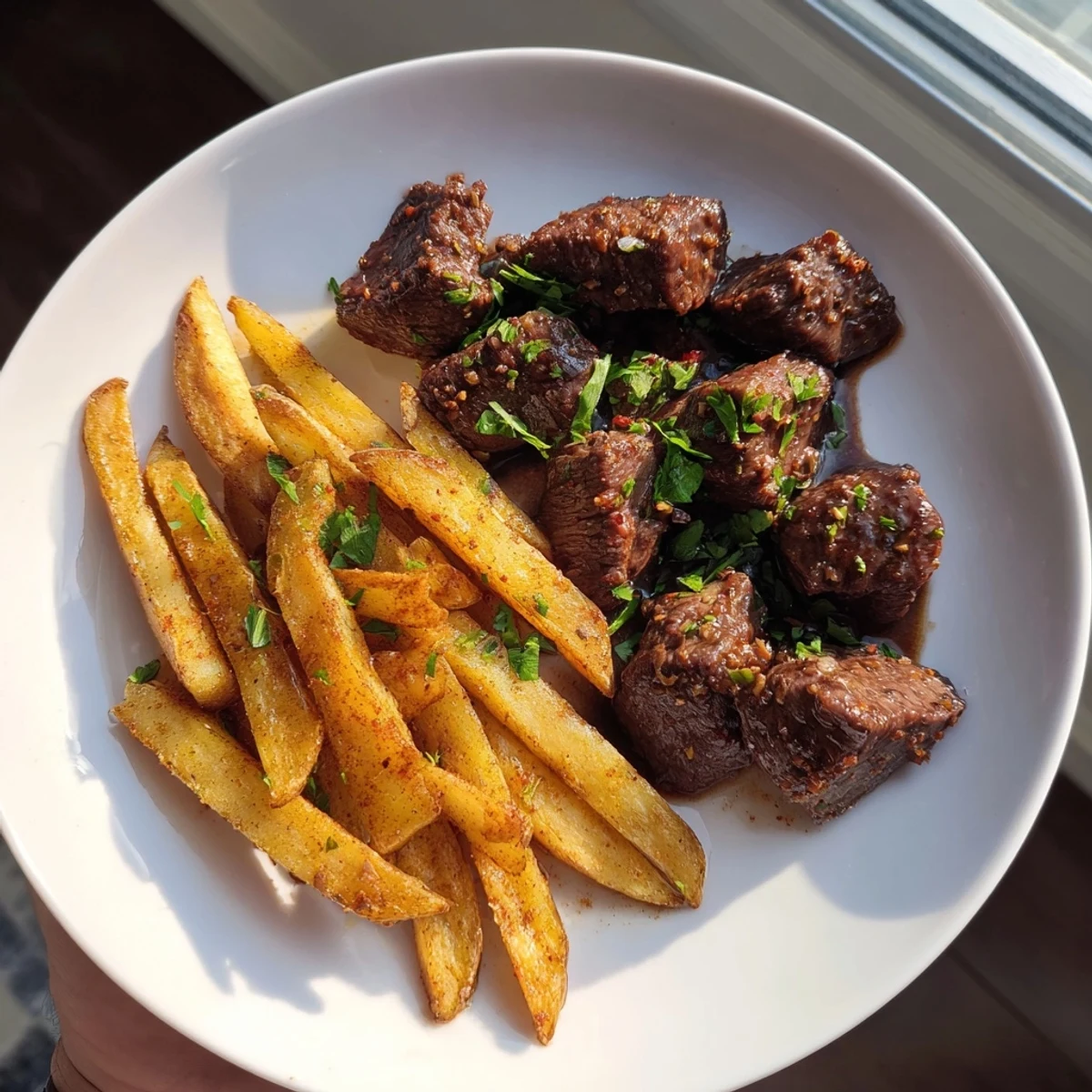 Sizzling Blackened Cajun Steak Bites are stacked next to a pile of crispy, seasoned fries.