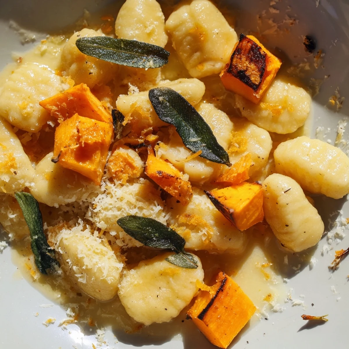 Golden brown Rustic Butternut Squash & Sage Brown Butter Gnocchi dish with roasted squash and bubbling sauce.