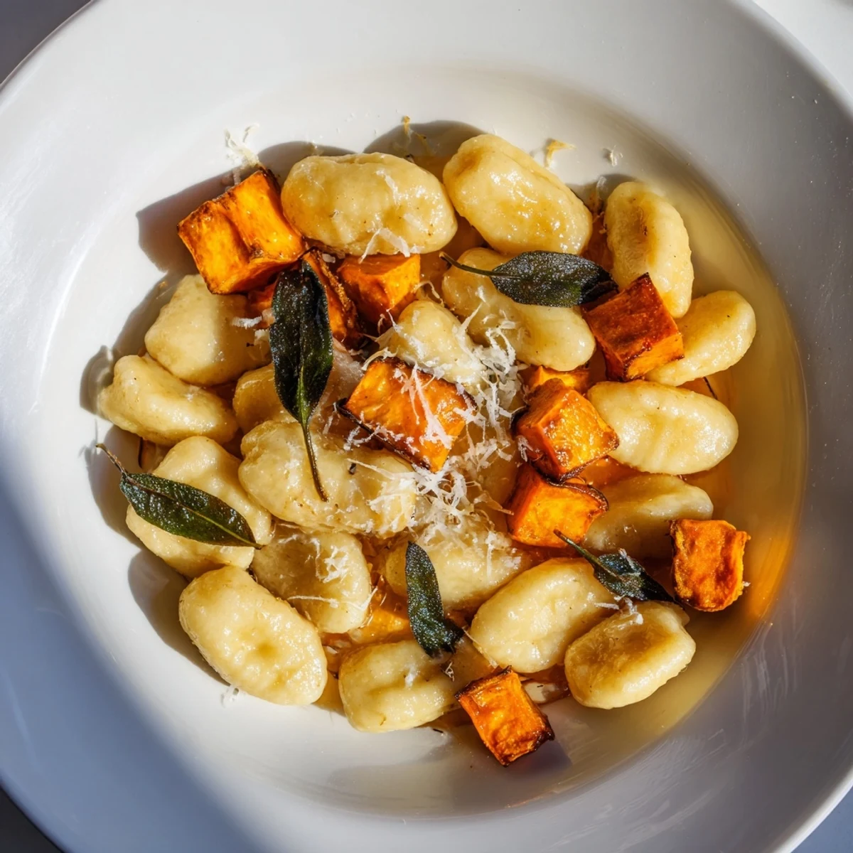 Creamy brown butter coats tender Rustic Butternut Squash & Sage Gnocchi, garnished with fresh herbs and cheese.