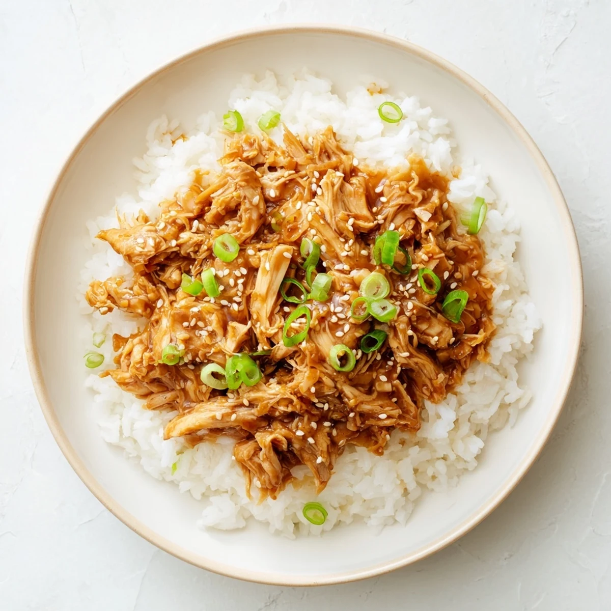 Easy slow cooker teriyaki chicken glistening with sauce, served over a bed of fluffy white rice.
