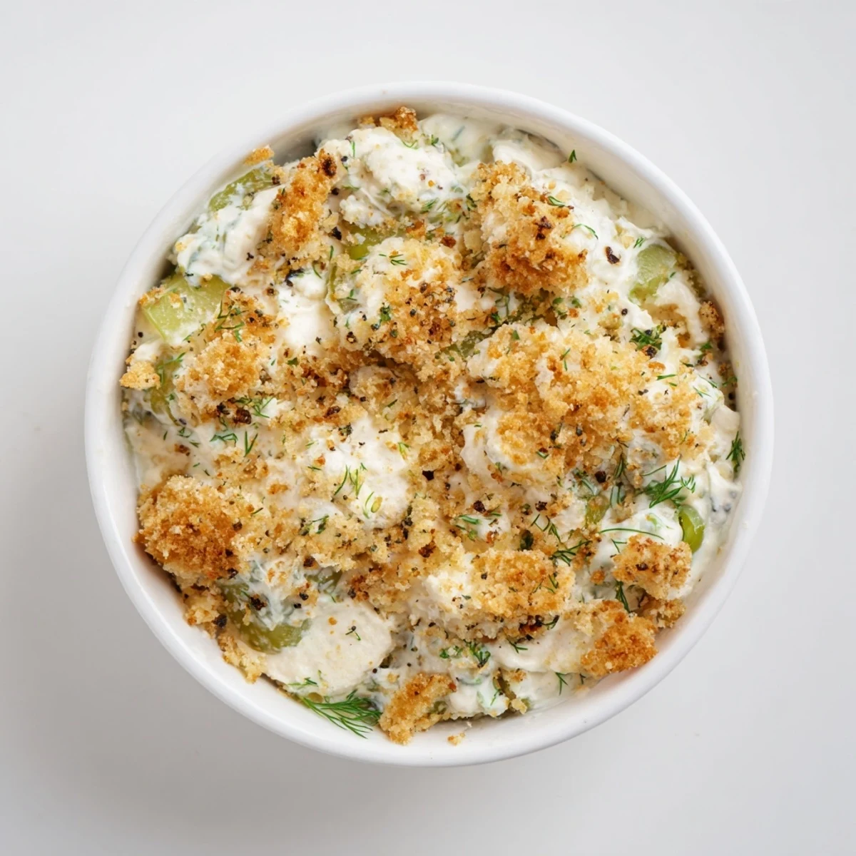 A close-up of creamy Fried Pickle Dip, topped with golden crispy panko and green onions.