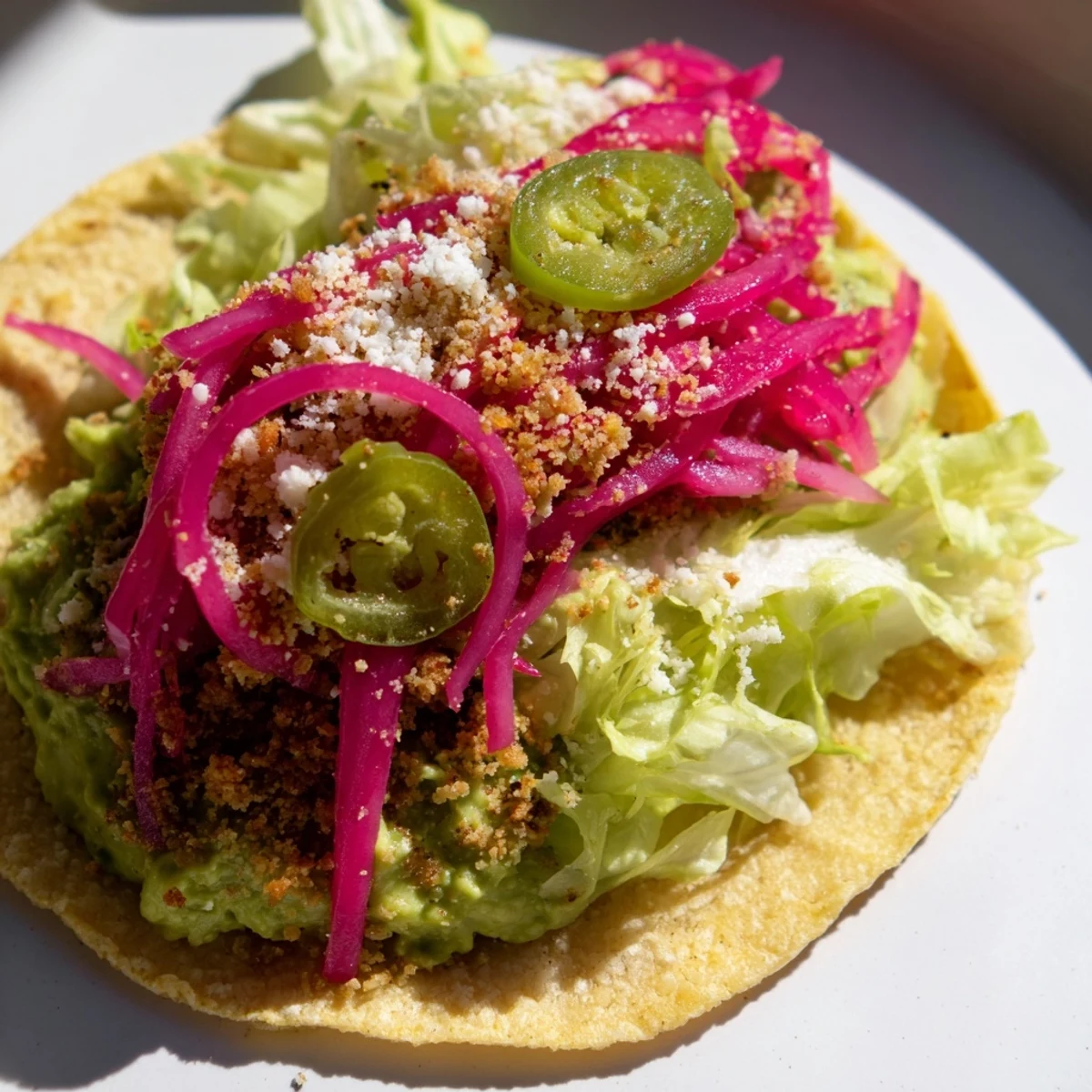 Close-up of fully assembled 5-Minute Pickled Red Onion Tacos, showing crispy crema and fresh toppings to tempt you.