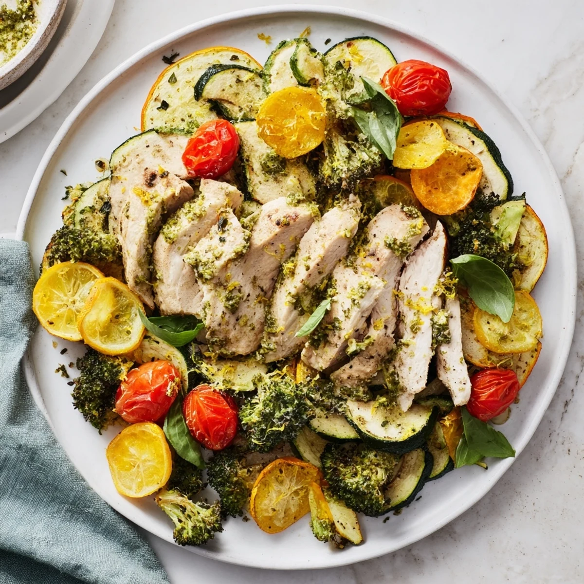 Brightly-colored Quick Lemon Pesto Chicken Sheet Pan, featuring tender chicken and roasted vegetables with a lemon basil aroma.