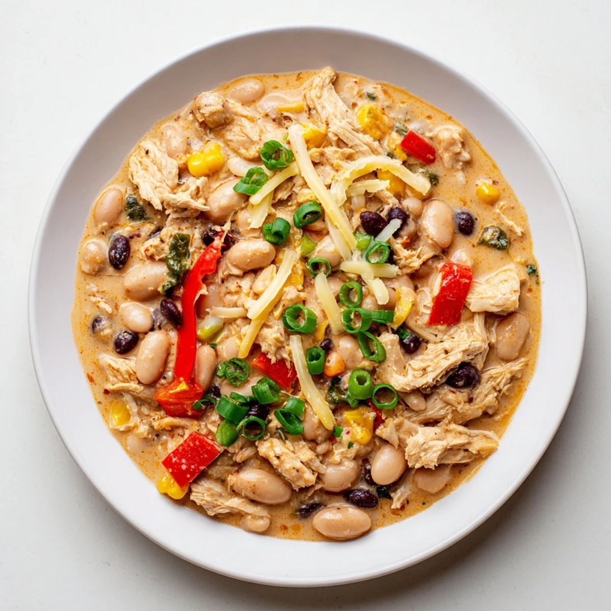 A steaming bowl of slow cooker white chicken chili with black beans, topped with fresh cilantro.