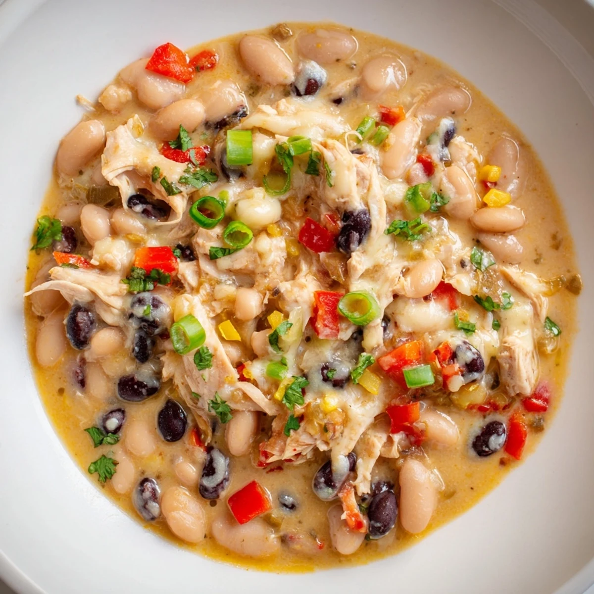 Creamy and flavorful slow cooker white chicken chili with black beans, ready to be enjoyed with toppings.