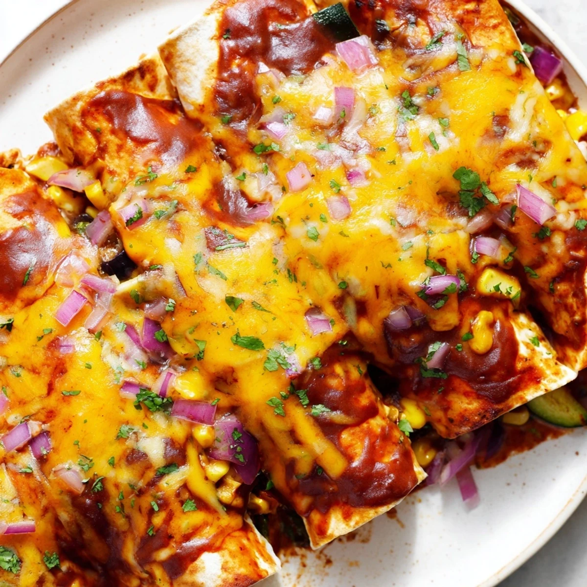 Warm, cheesy Farmers Market Vegetarian Enchiladas, showcasing tender veggies baked in a rich red sauce.