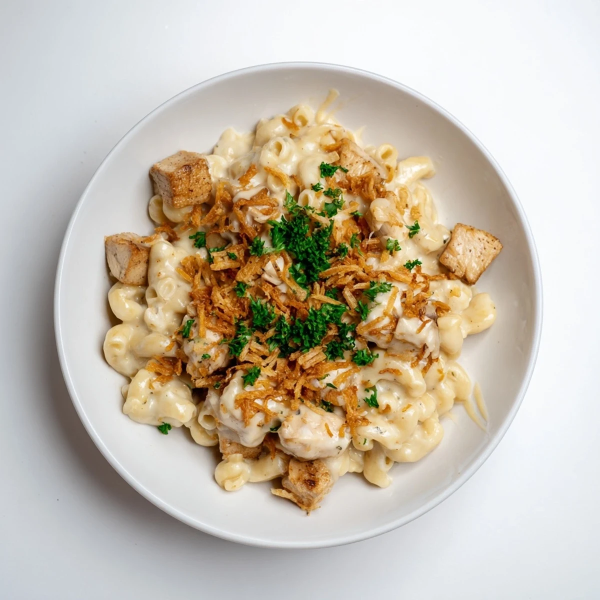 One-pot Honey BBQ Chicken Mac and Cheese, bubbling and cheesy with tender chicken and crunchy toppings.