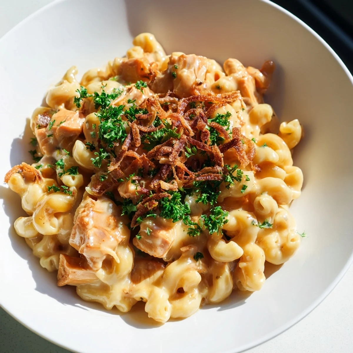 A close-up of a steaming bowl of One-Pot Honey BBQ Chicken Mac and Cheese, ready to be enjoyed.