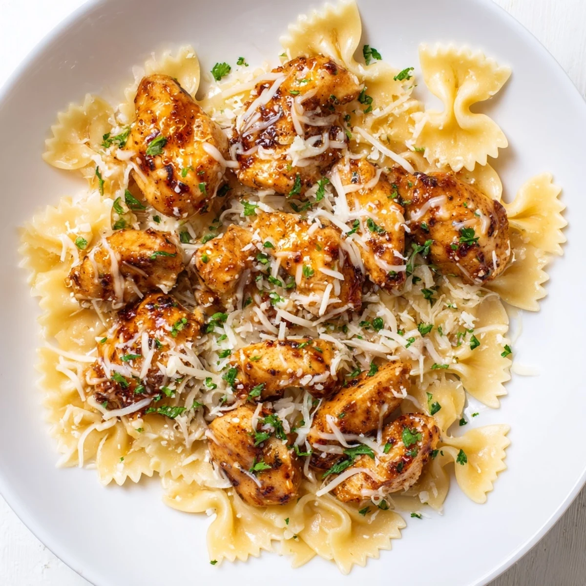 Golden-brown chicken pieces mingle with bowtie pasta in a rich mozzarella garlic butter sauce.