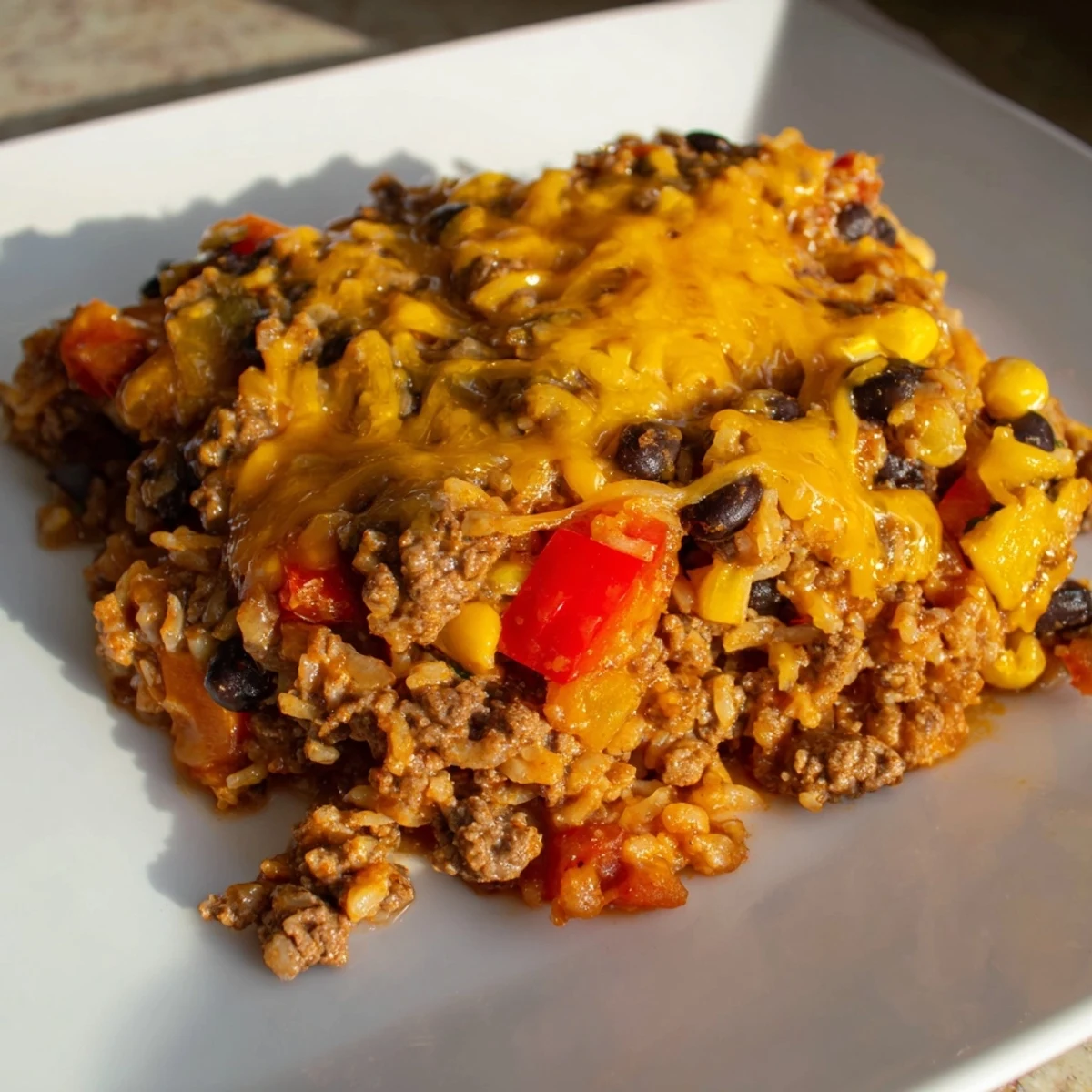 A close-up of a Tex-Mex Beef & Rice Casserole, showcasing the cheesy, beefy, and rice layers.