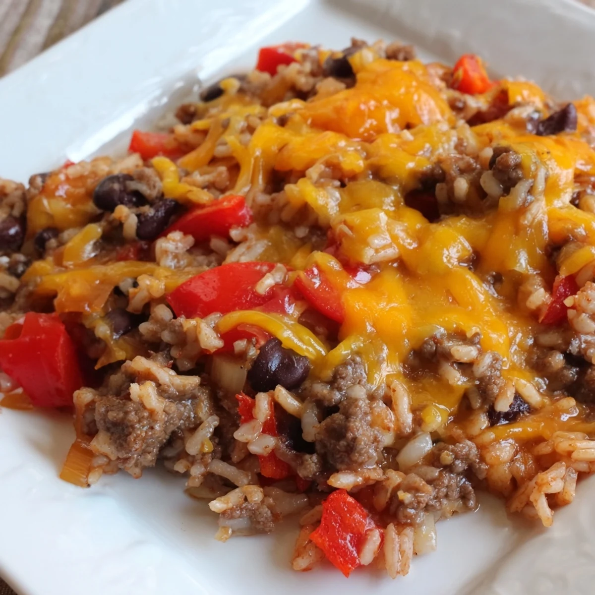Tex-Mex Beef & Rice Casserole bubbling hot, topped with melted cheese, ready to enjoy.