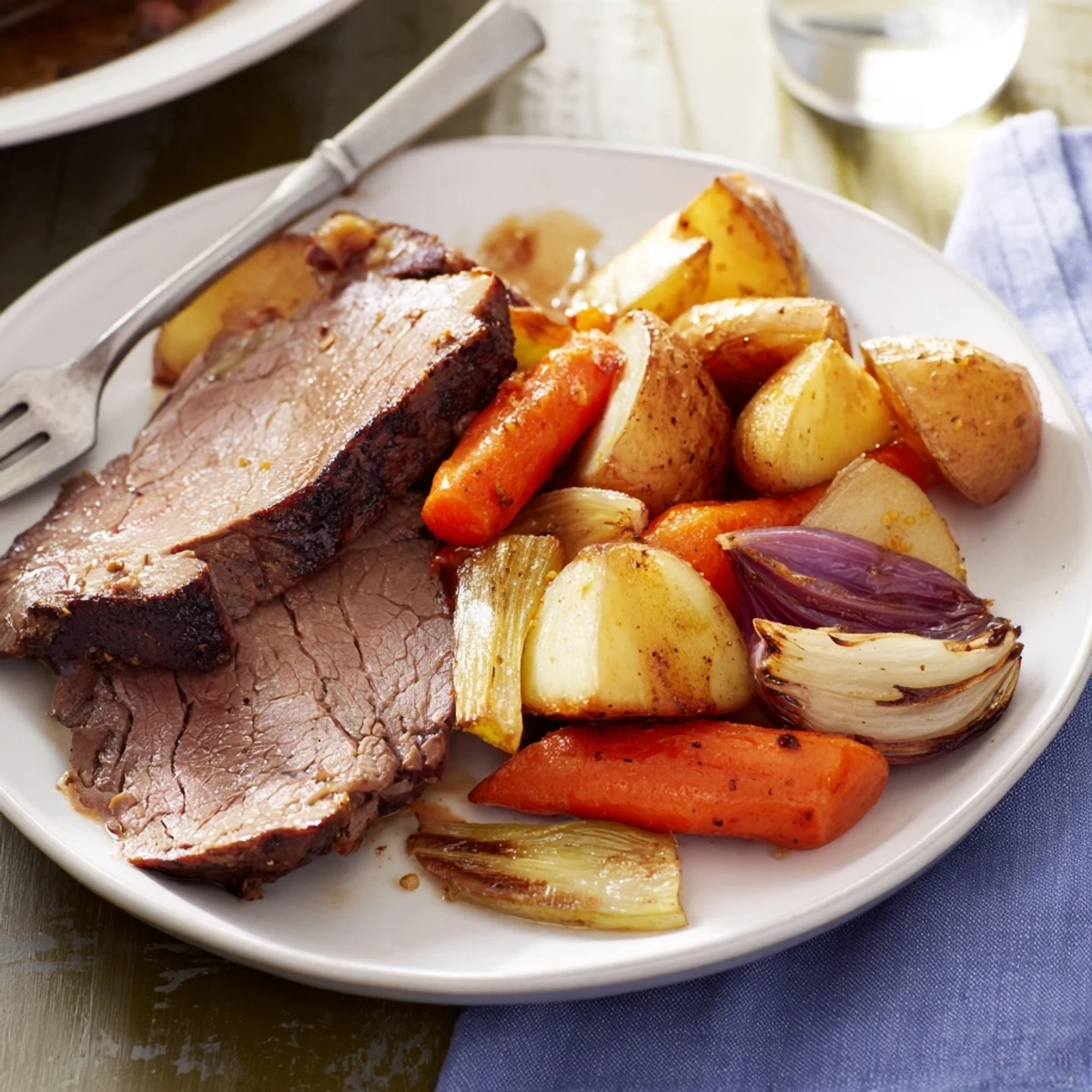 Juicy slices of Sunday Pot Roast served alongside flavorful roasted potatoes and carrots.