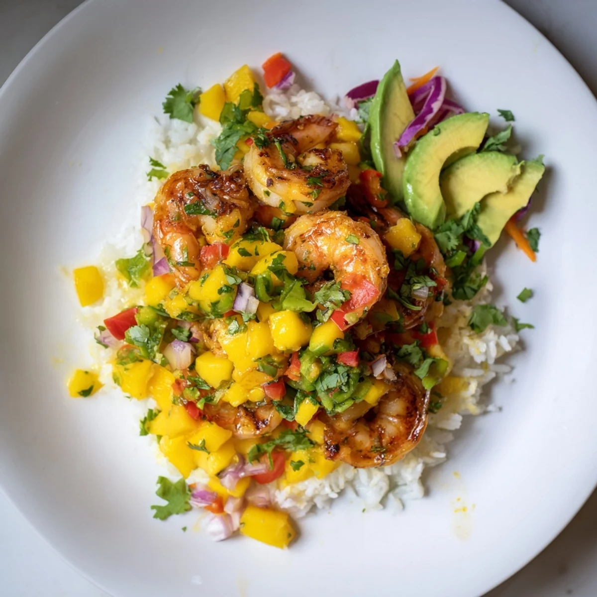 Cilantro Lime Shrimp & Mango Salsa Bowls: a colorful bowl with bright shrimp and fresh mango salsa.