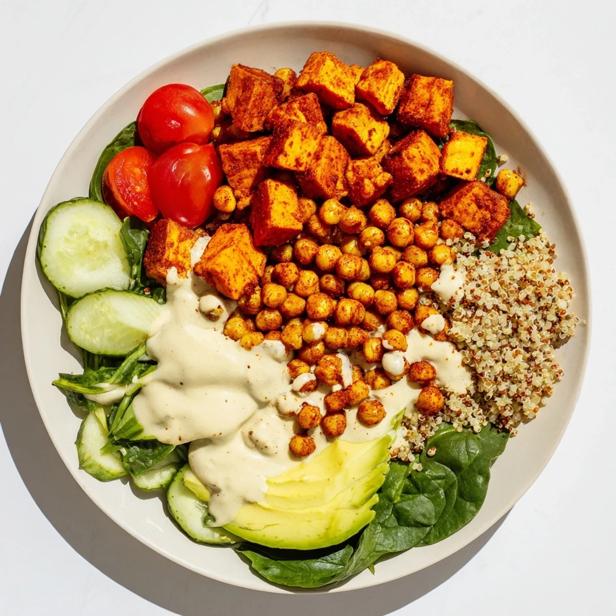 Hearty sweet potato and chickpea Buddha bowl, beautifully plated with creamy tahini dressing and fresh vegetables.