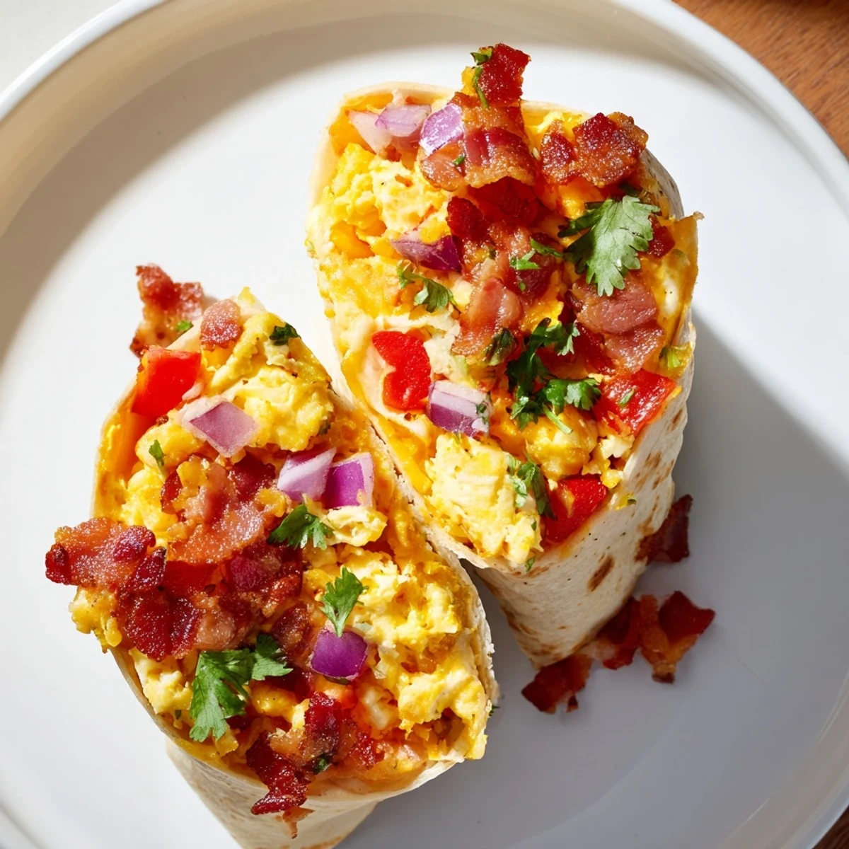 A close-up of fully-loaded Smoked Bacon & Cheddar Breakfast Burritos ready to be enjoyed with salsa.