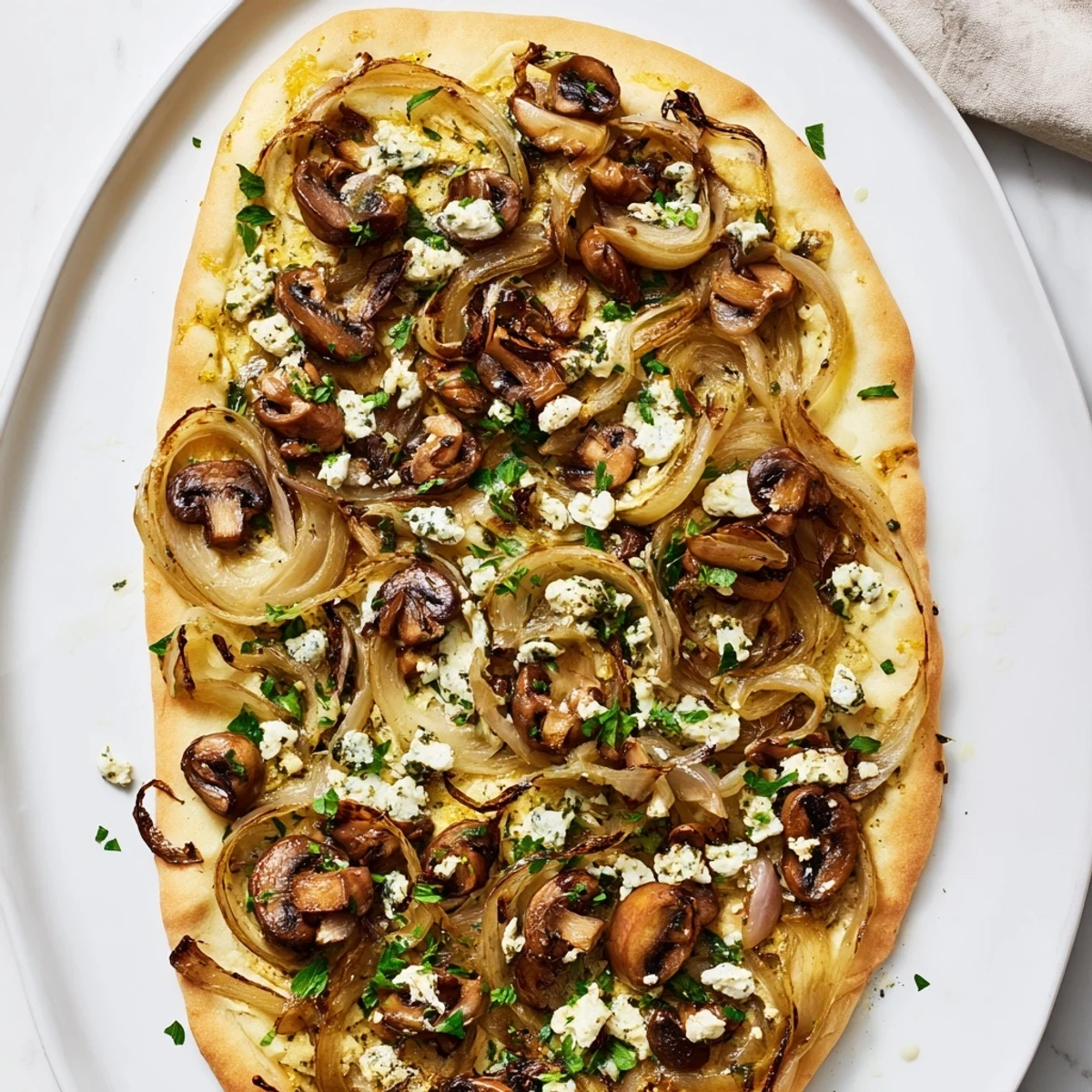 Perfectly baked, cheesy Caramelized Onion & Mushroom Flatbread, sizzling from the oven with fresh herbs.