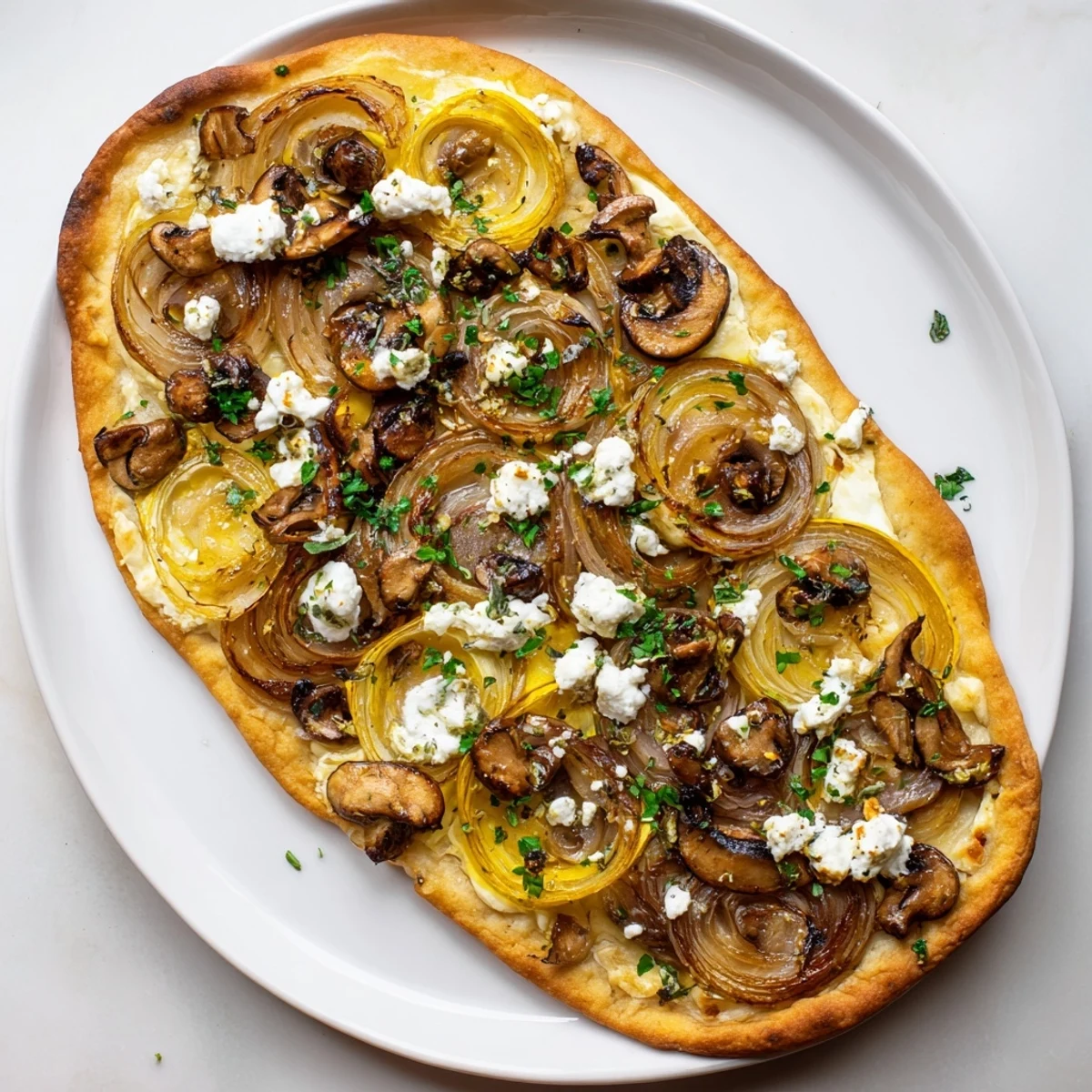 Golden-brown Caramelized Onion & Mushroom Flatbread, perfect for sharing as a delicious appetizer.