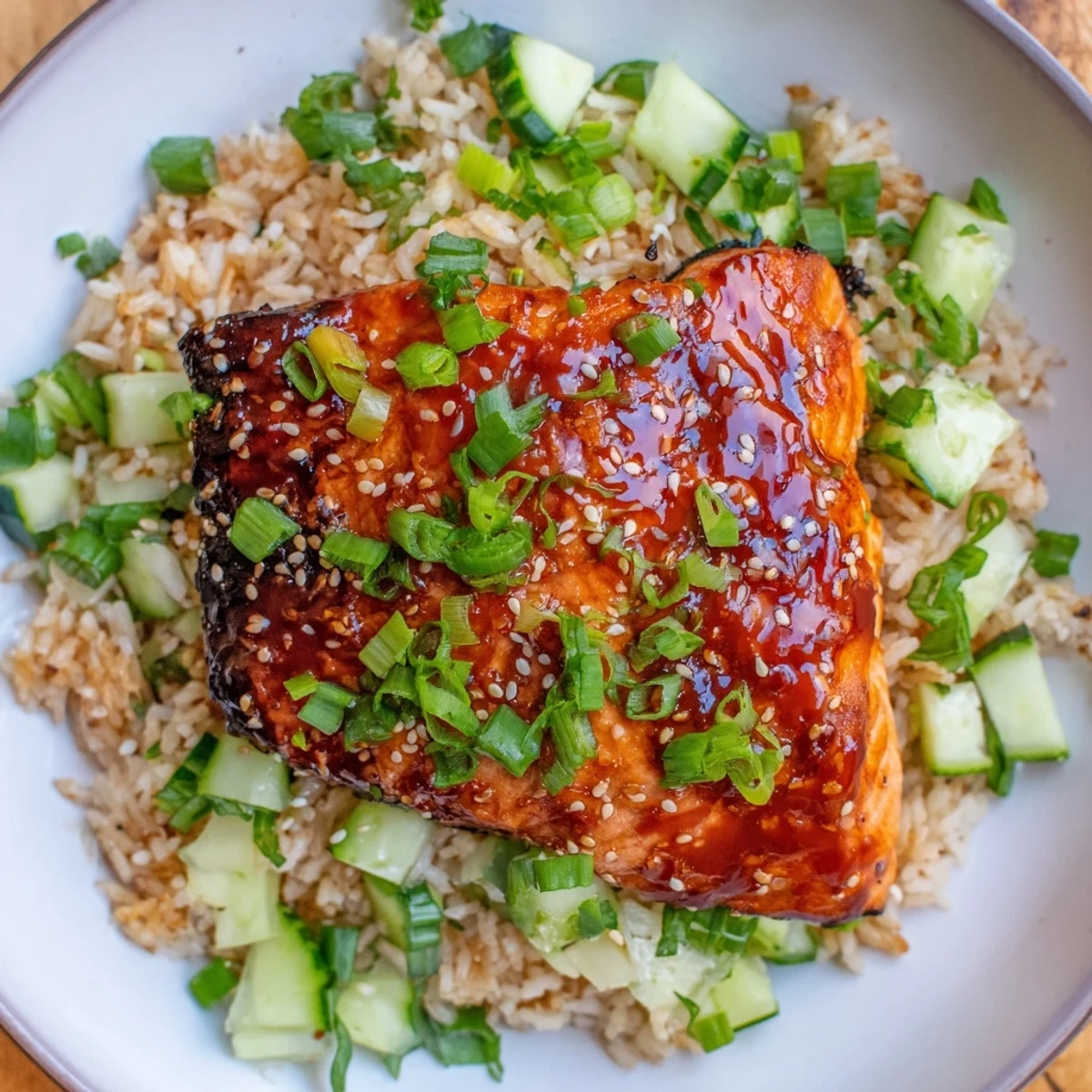 Healthy and delicious Sriracha Glazed Salmon, with vibrant cucumber rice, perfect for dinner.