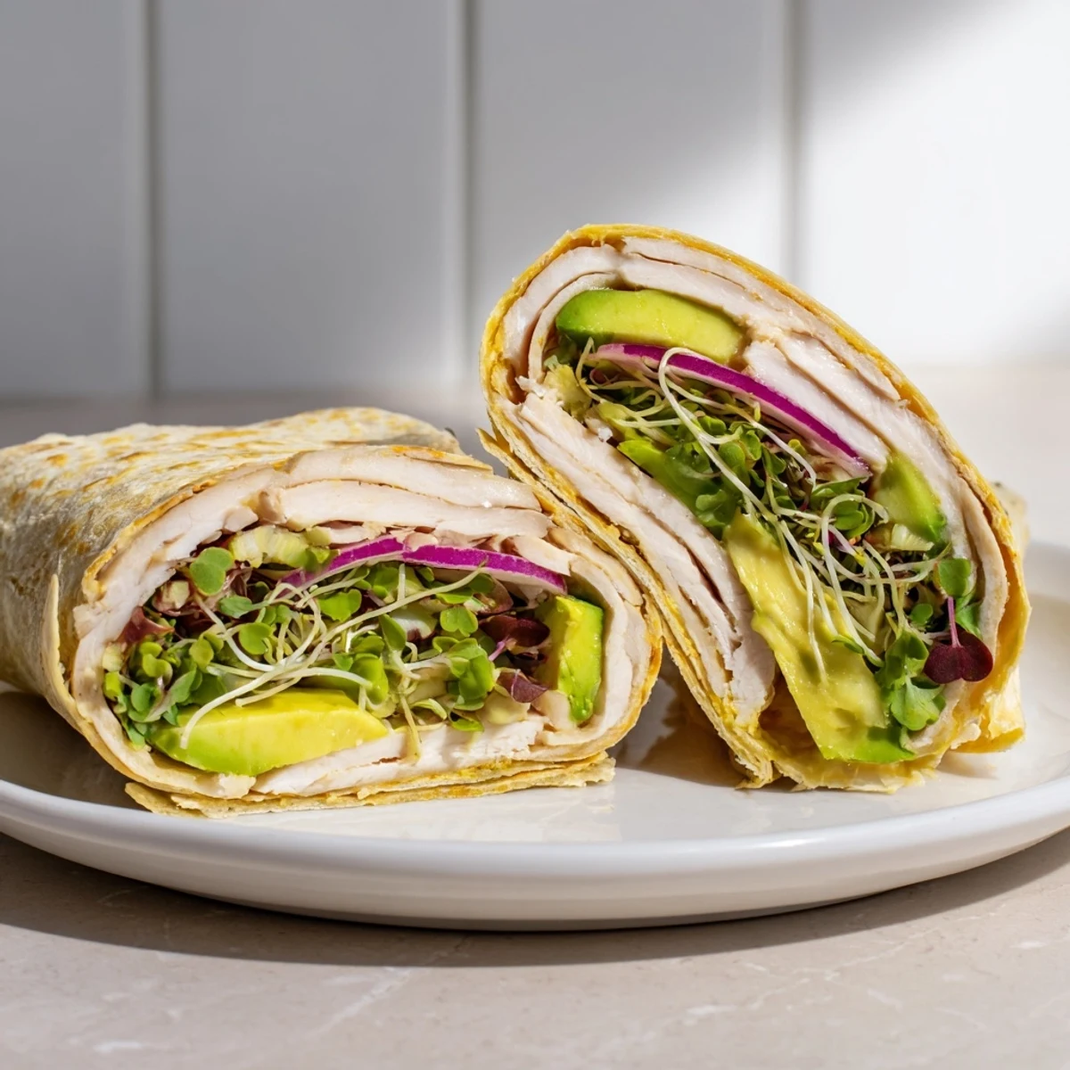 Microgreen & Honey Mustard Chicken Wraps with tender grilled chicken and fresh microgreens, perfect for lunch.