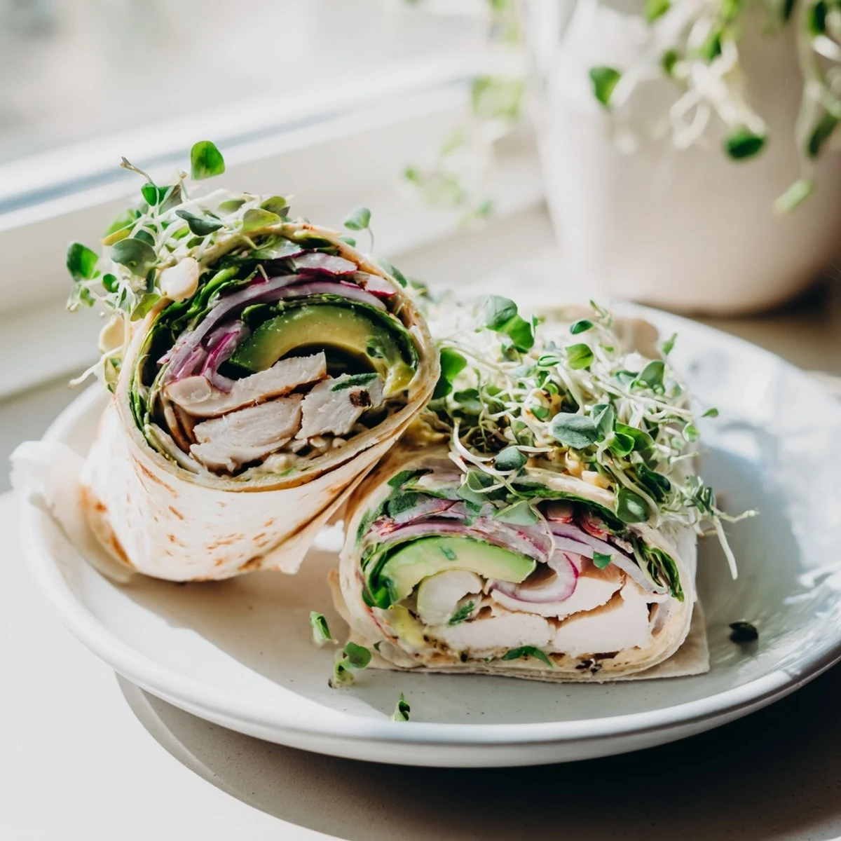 Golden-grilled Microgreen & Honey Mustard Chicken Wraps drizzled with creamy sauce, ready to be eaten.