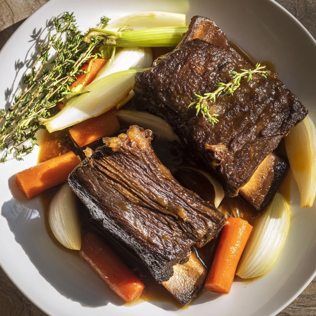 Mouthwatering Apple Cider Braised Short Ribs, fork-tender and falling off the bone, with root vegetables.