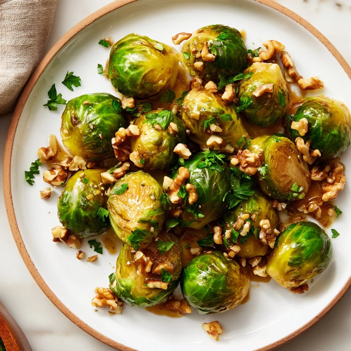 Sweet and savory maple glazed Brussels sprouts, perfectly complemented by toasted walnuts and parsley.