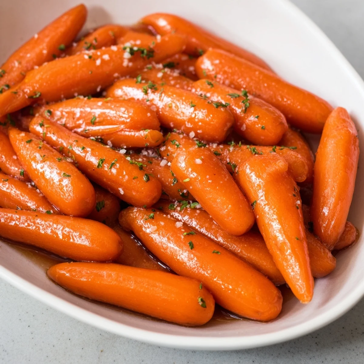 Vibrant orange Bourbon Maple Glazed Baby Carrots, caramelized lightly in a skillet, awaiting your fork.