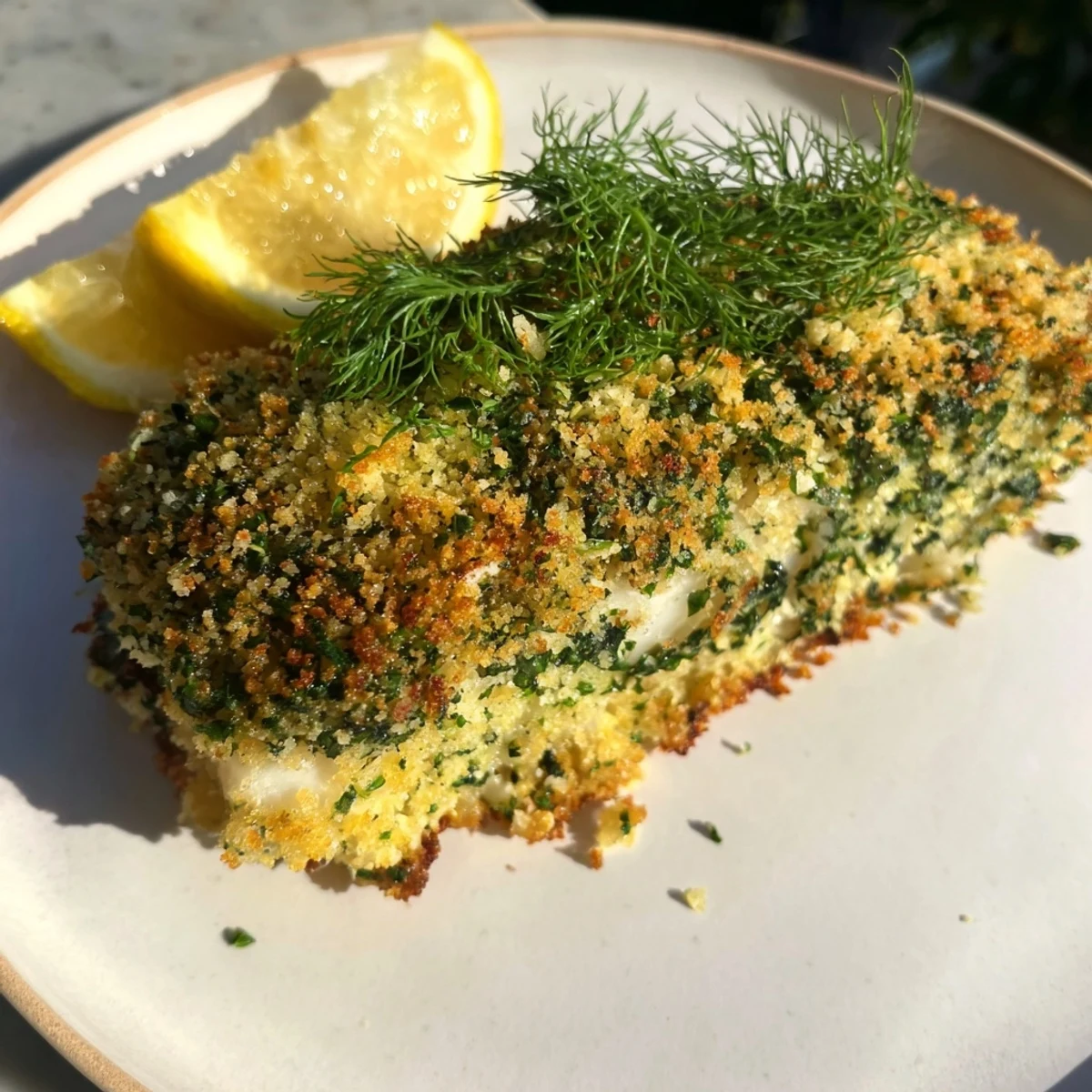 This image shows flaky, perfectly baked Zesty Lemon & Dill Crusted Cod, lightly crisped on top.