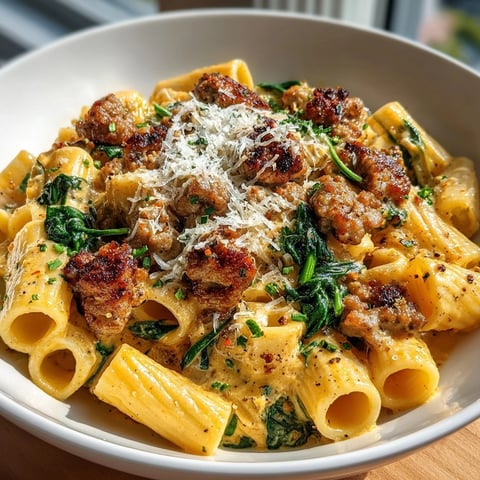 Creamy, savory pumpkin pasta with Italian sausage and rigatoni, a comforting fall dinner.