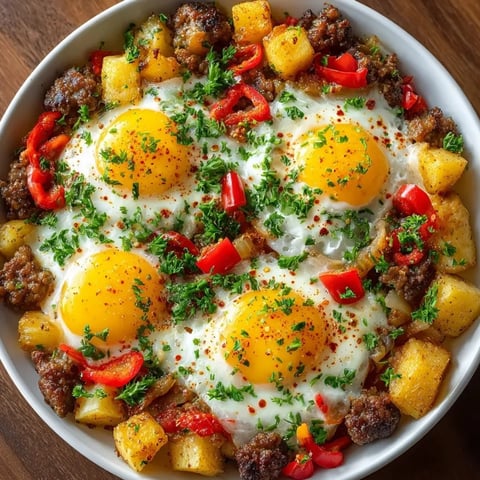Golden Breakfast Skillet heaped high, potatoes, sausage, and perfectly cooked eggs.