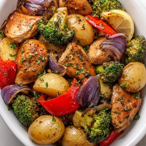A vibrant Lazy Gourmet Chicken & Vegetable One-Pot served with fresh lemon wedges.  