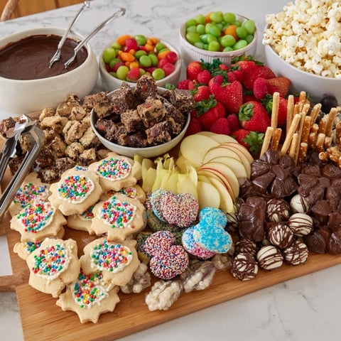 A colorful dessert board with sweet snacks and fresh fruits for any holiday.  