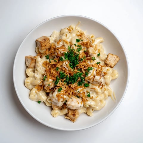 One-pot Honey BBQ Chicken Mac and Cheese, bubbling and cheesy with tender chicken and crunchy toppings.